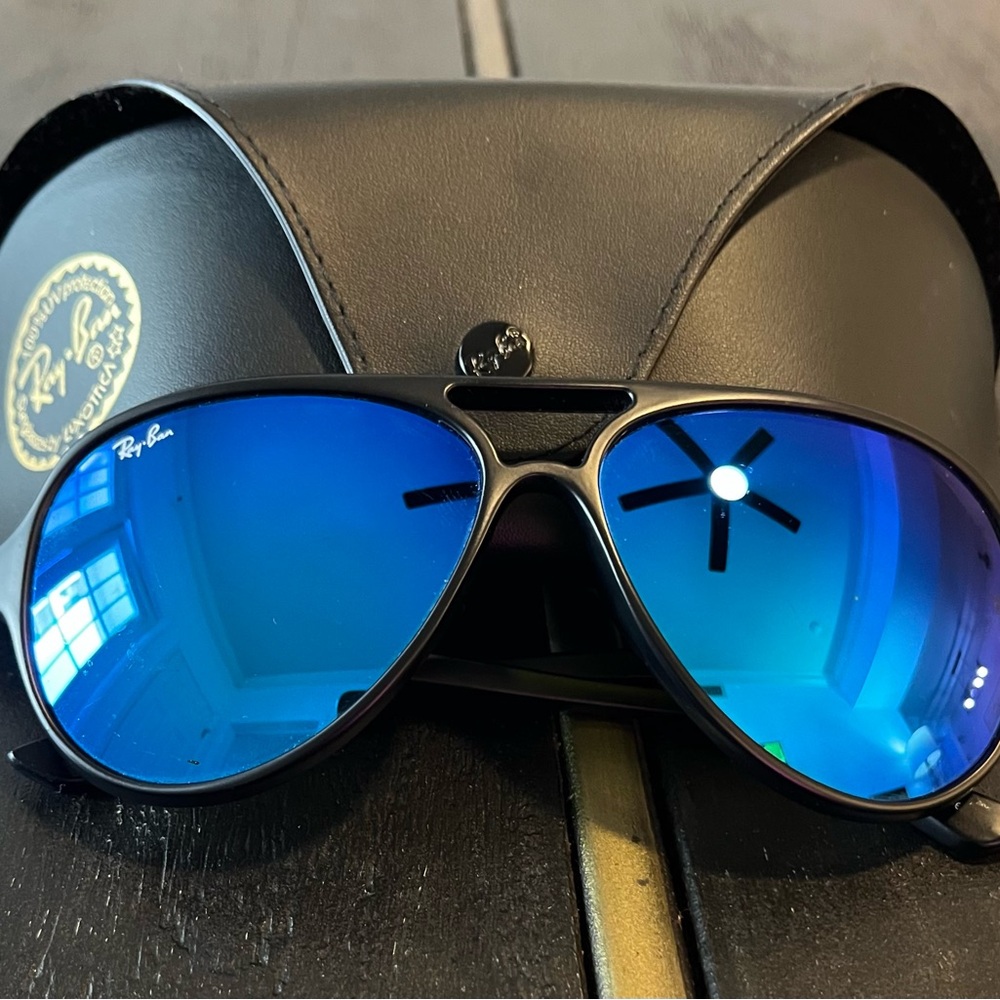 Ray-Ban Black Frame Sunglasses with Blue Mirrored Lenses